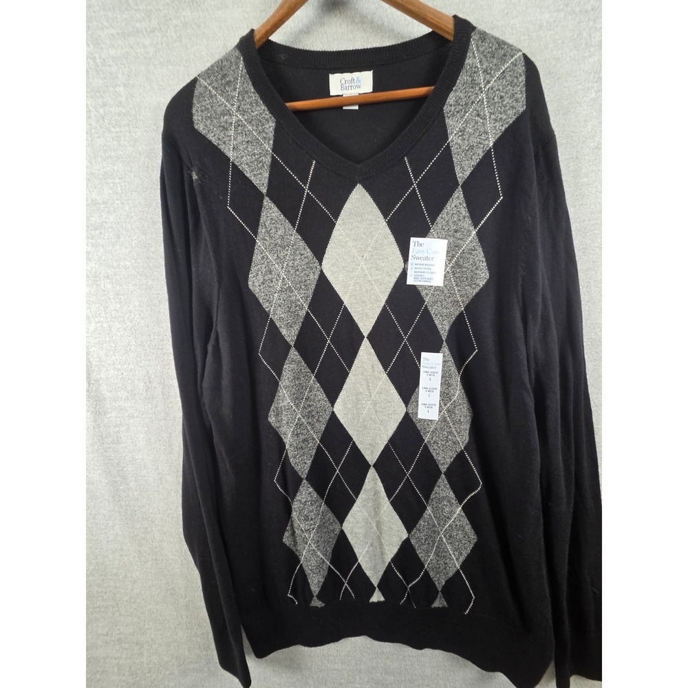 Croft & Barrow Sweater Mens L Easy Care Black Gray Argyle Preppy Career NEW
